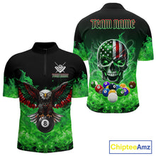 Load image into Gallery viewer, Men’s green flame eagle skull quarter zip billiard shirt with American flag artwork.