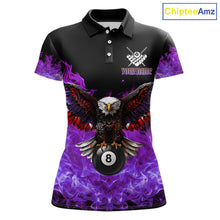 Load image into Gallery viewer, Custom purple flame eagle skull pool jersey for women with bold billiard team graphics.