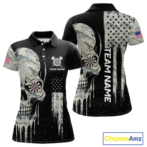Grunge Camo Skull American Flag Dart Shirt For Women Custom Patriotic Dart Jersey Team Polo, 1/4 Zip TDM4277