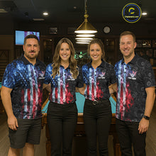 Load image into Gallery viewer, Pool team wearing matching smoke American flag 8 ball pool billiard jerseys front view.