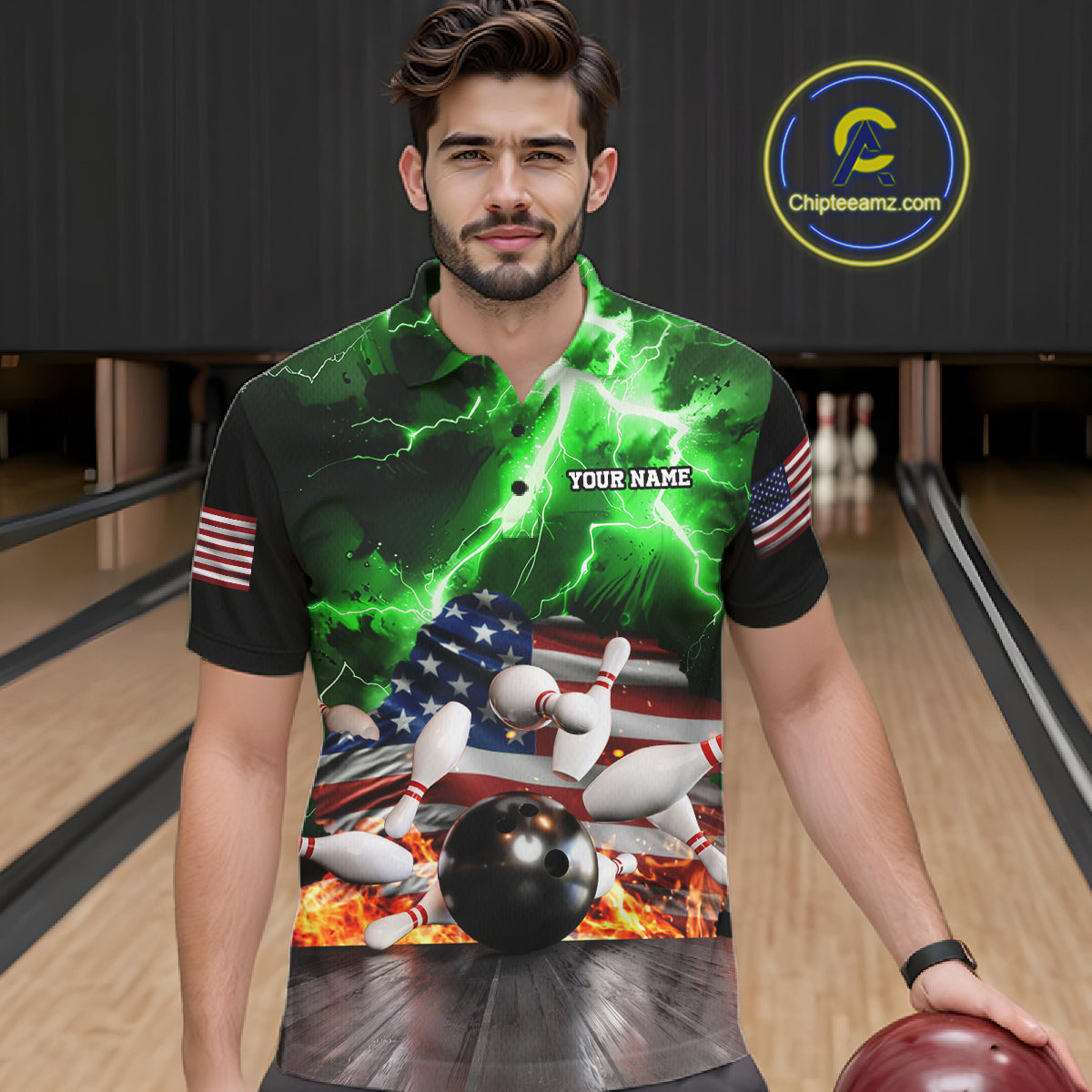 Man wearing green lightning thunder American flag bowling polo shirt front view.