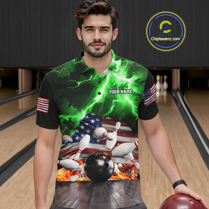 Man wearing green lightning thunder American flag bowling polo shirt front view.