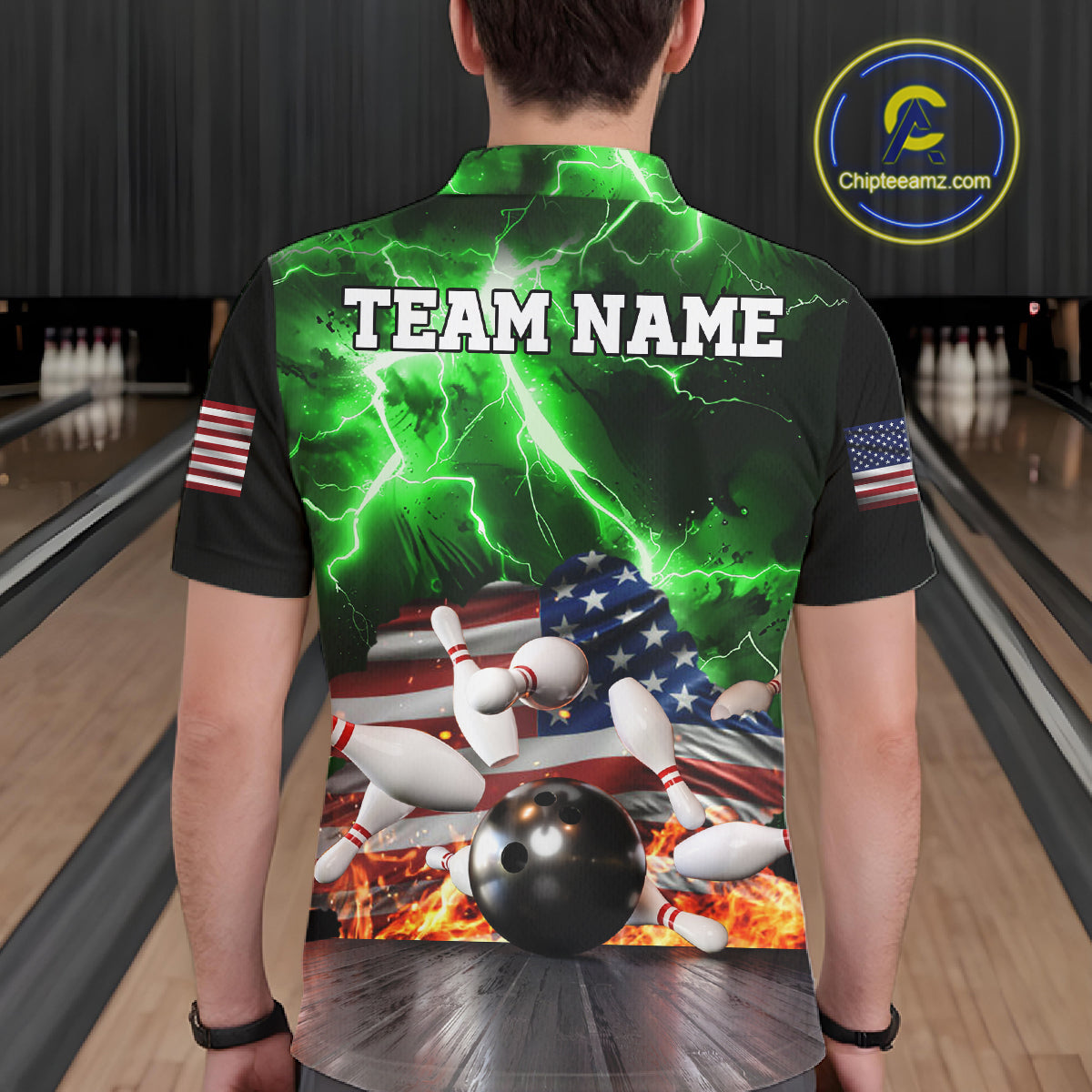 Man wearing green lightning thunder American flag bowling polo shirt back view.