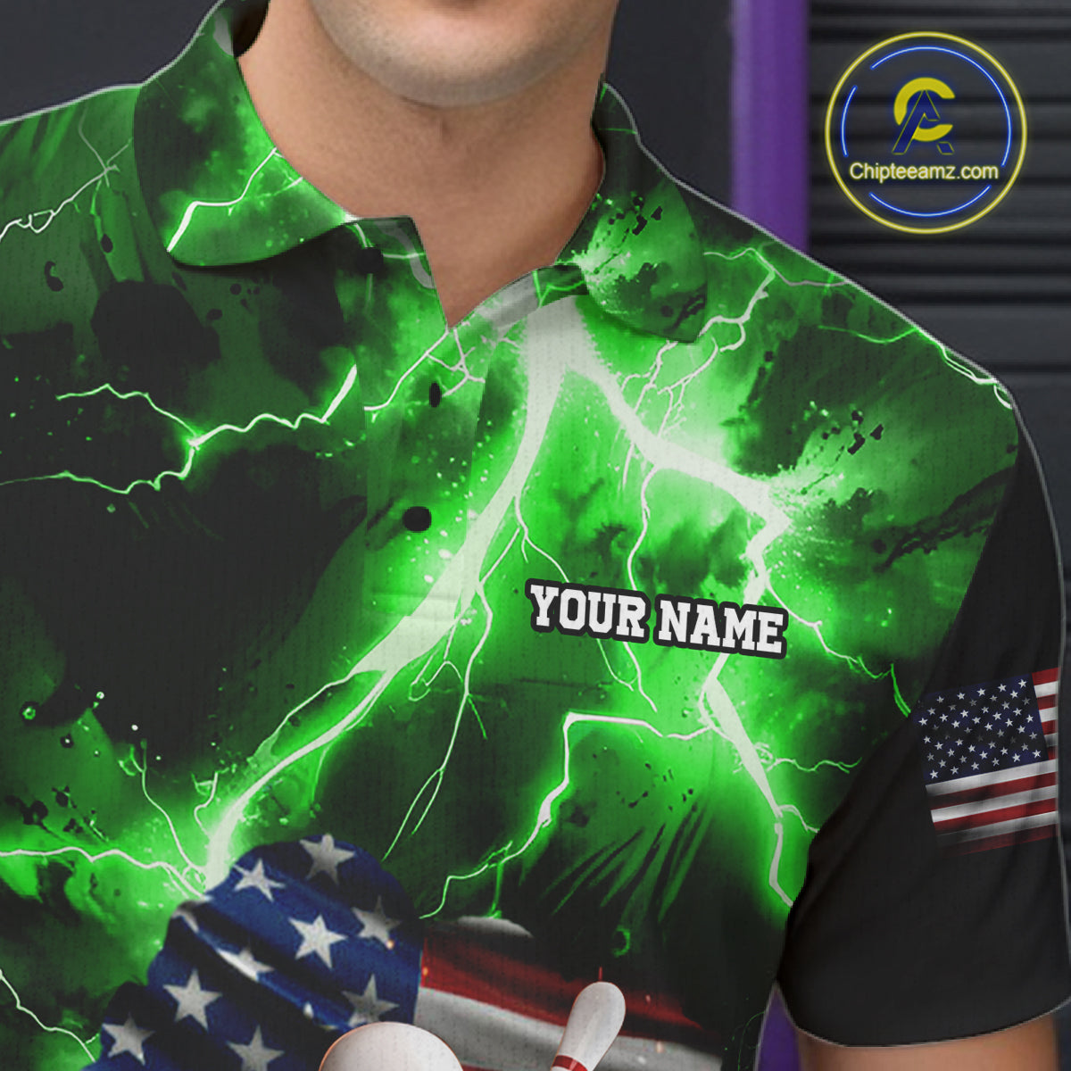 Close up of green lightning thunder American flag bowling polo shirt collar, buttons and chest design.