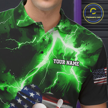 Close up of green lightning thunder American flag bowling polo shirt collar, buttons and chest design.