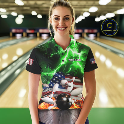Woman wearing green lightning thunder American flag bowling polo shirt front view.