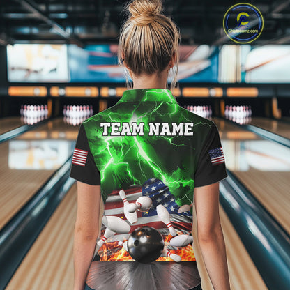 Woman wearing green lightning thunder American flag bowling polo shirt back view.