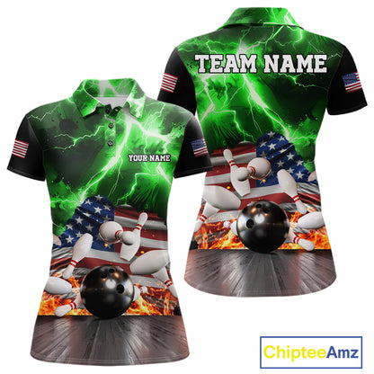 Green lightning thunder American flag bowling team polo shirt for women, patriotic bowling jersey design.