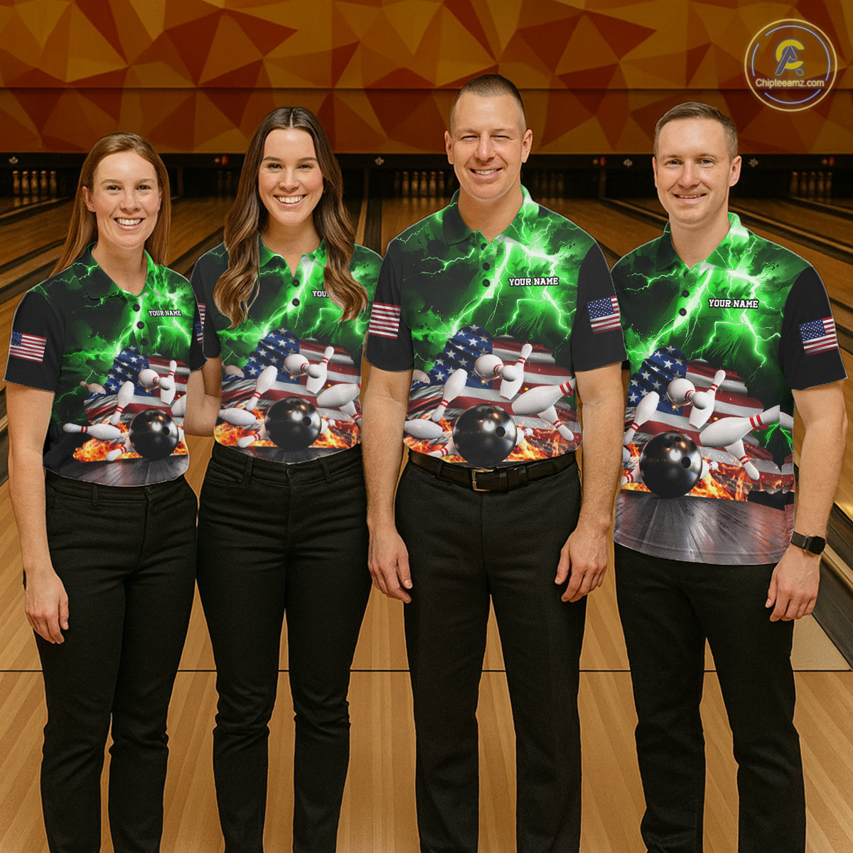 Bowling team wearing matching green lightning thunder American flag jerseys front view.