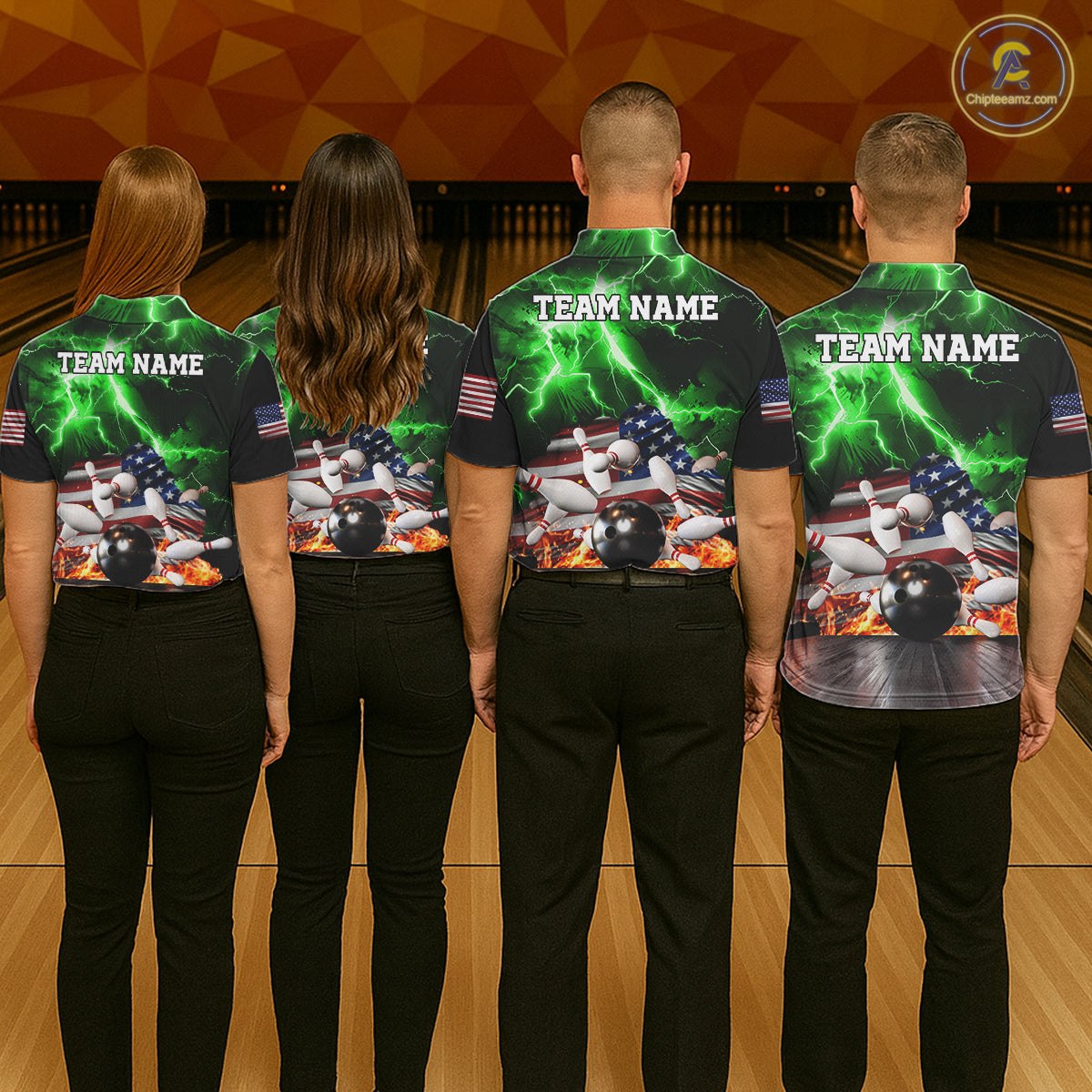 Bowling team wearing matching green lightning thunder American flag jerseys back view.