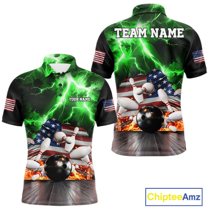Green lightning thunder American flag bowling team polo shirt for men, patriotic bowling jersey design.