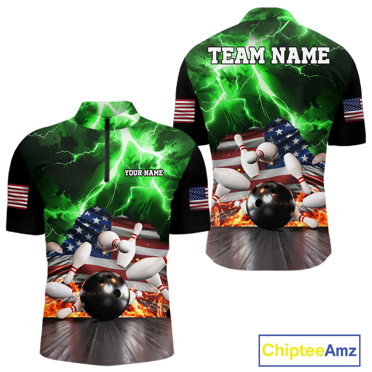 Green lightning thunder American flag bowling quarter zip shirt for men, custom league team jersey.