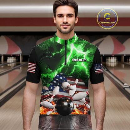 Man wearing green lightning thunder American flag bowling quarter zip shirt front view.