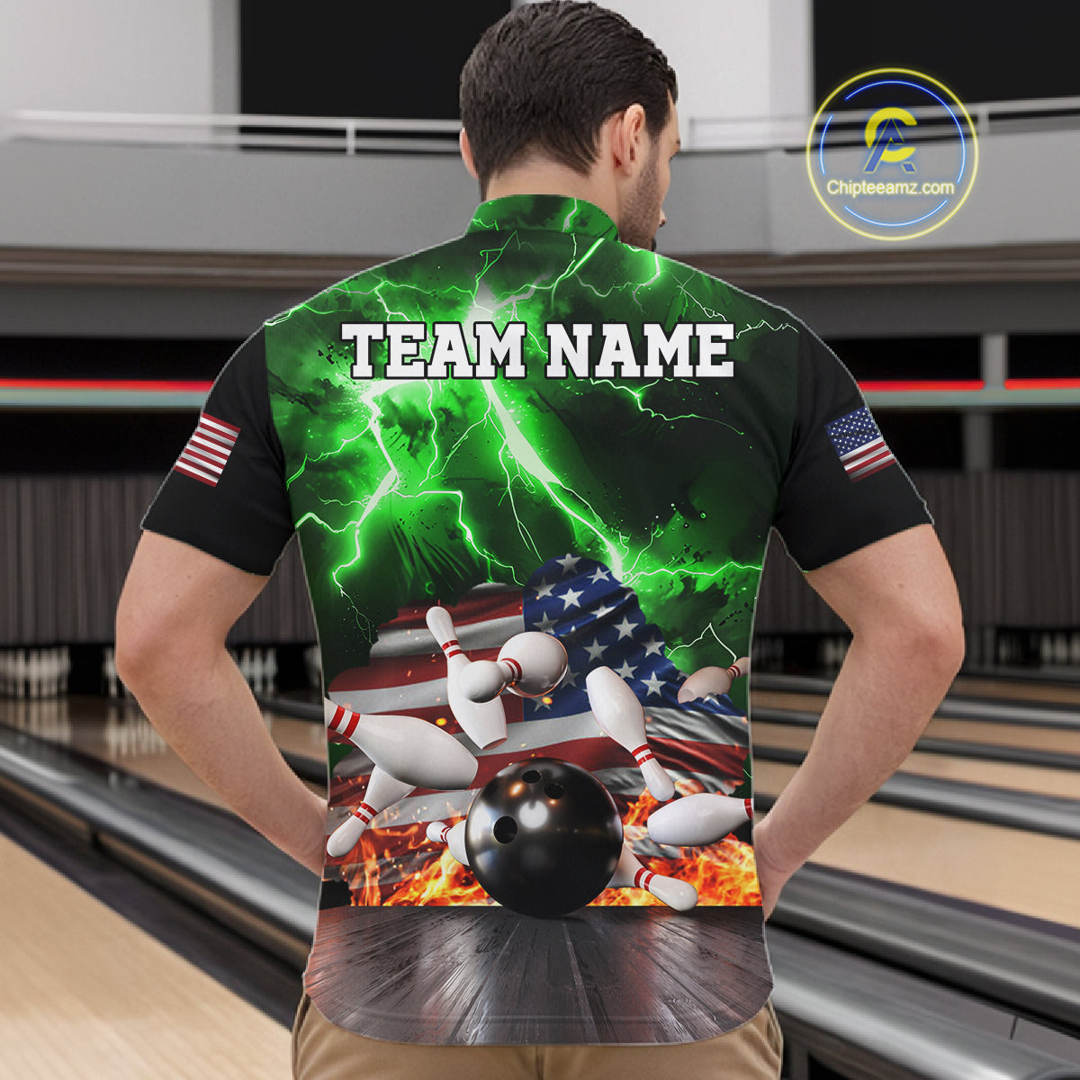 Man wearing green lightning thunder American flag bowling quarter zip shirt back view.