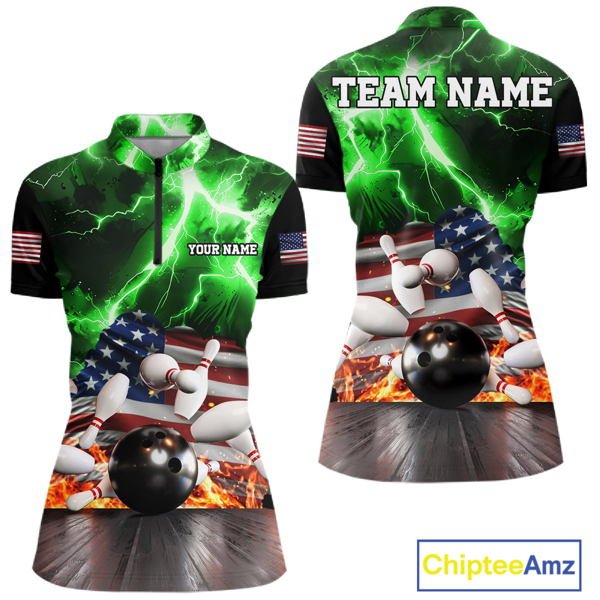 Green lightning thunder American flag bowling quarter zip shirt for women, custom league team jersey.