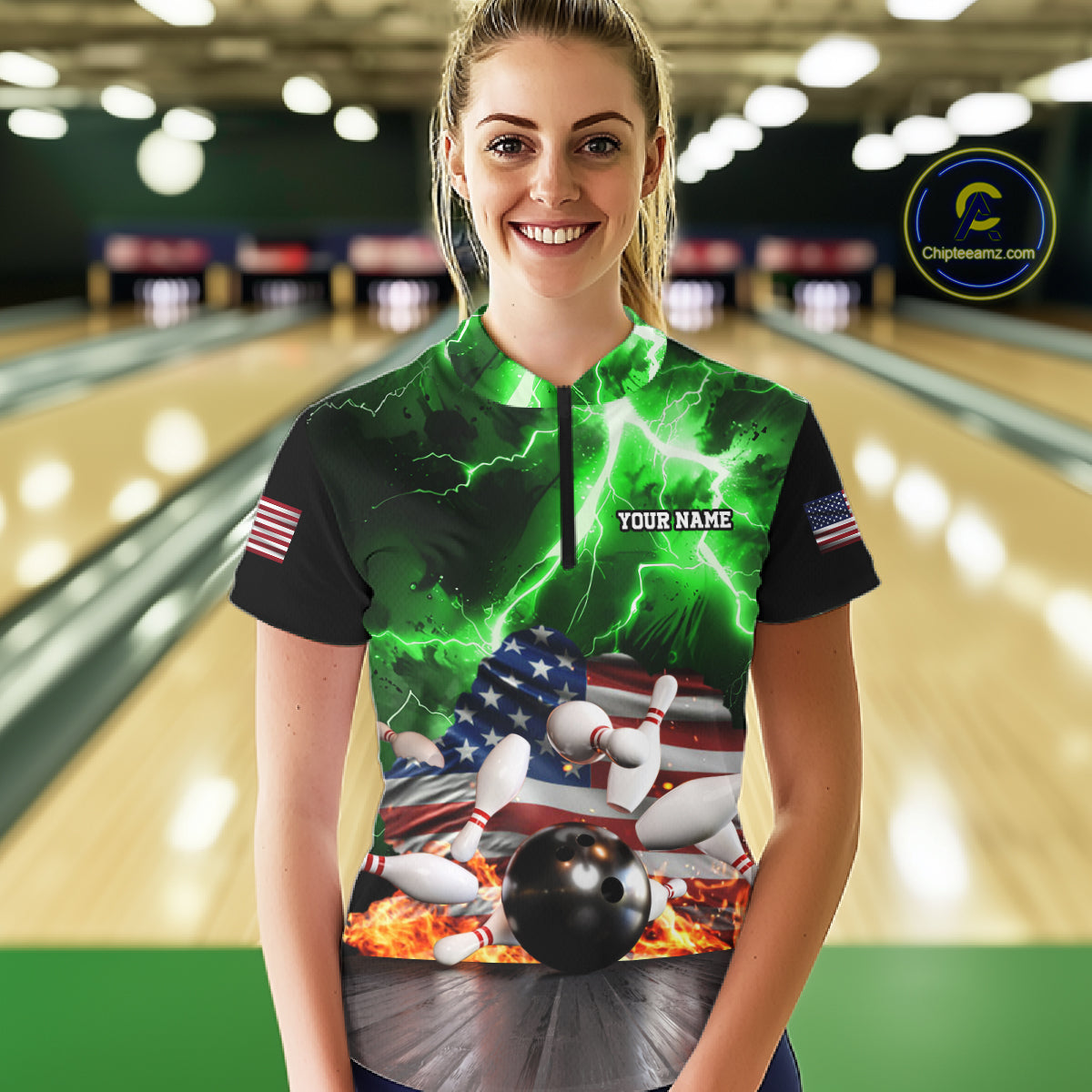 Woman wearing green lightning thunder American flag bowling quarter zip shirt front view.