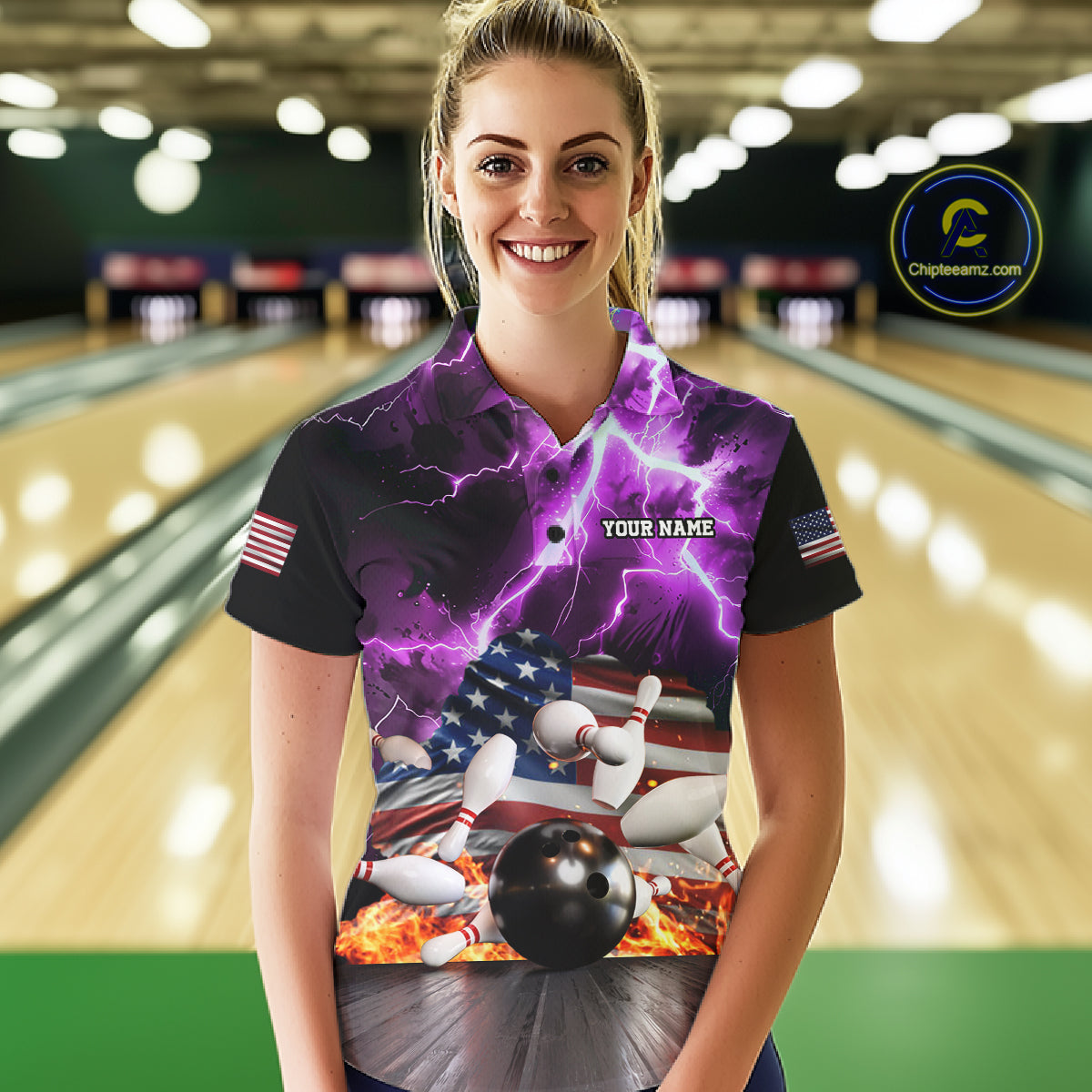 Woman wearing purple lightning thunder American flag bowling polo shirt front view.