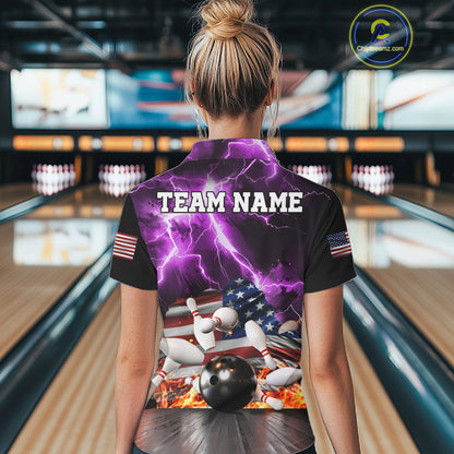 Woman wearing purple lightning thunder American flag bowling polo shirt back view.