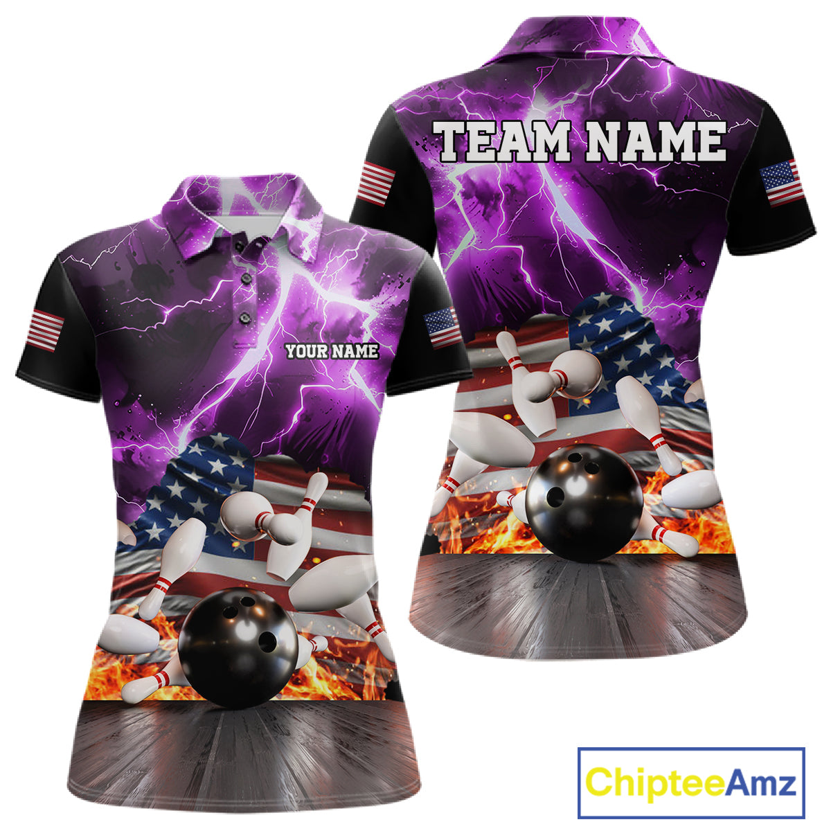 Purple lightning thunder American flag bowling team polo shirt for women, patriotic bowling jersey design.