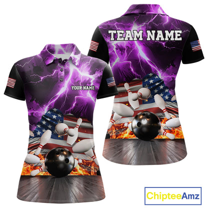 Purple lightning thunder American flag bowling team polo shirt for women, patriotic bowling jersey design.