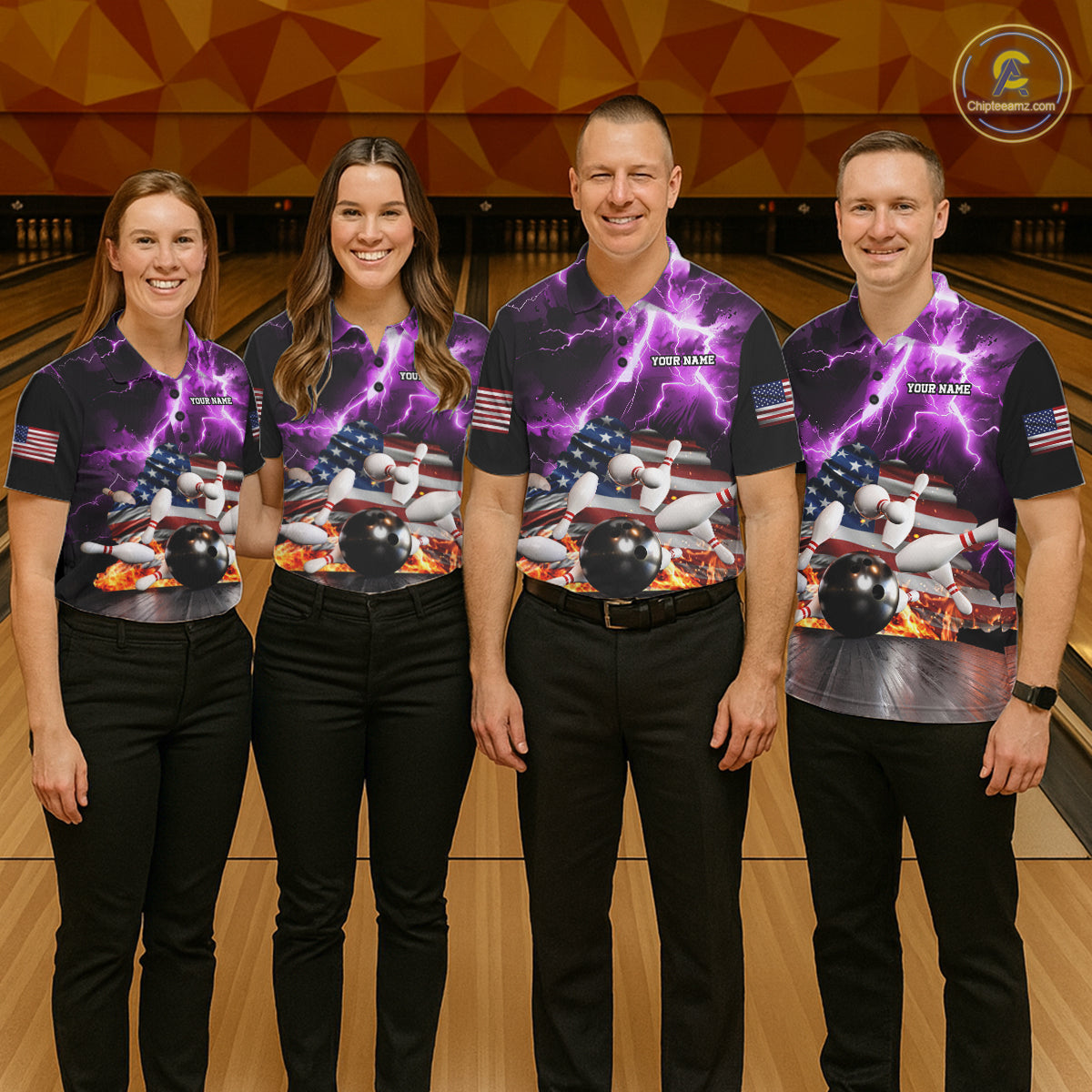 Bowling team wearing matching purple lightning thunder American flag jerseys front view.
