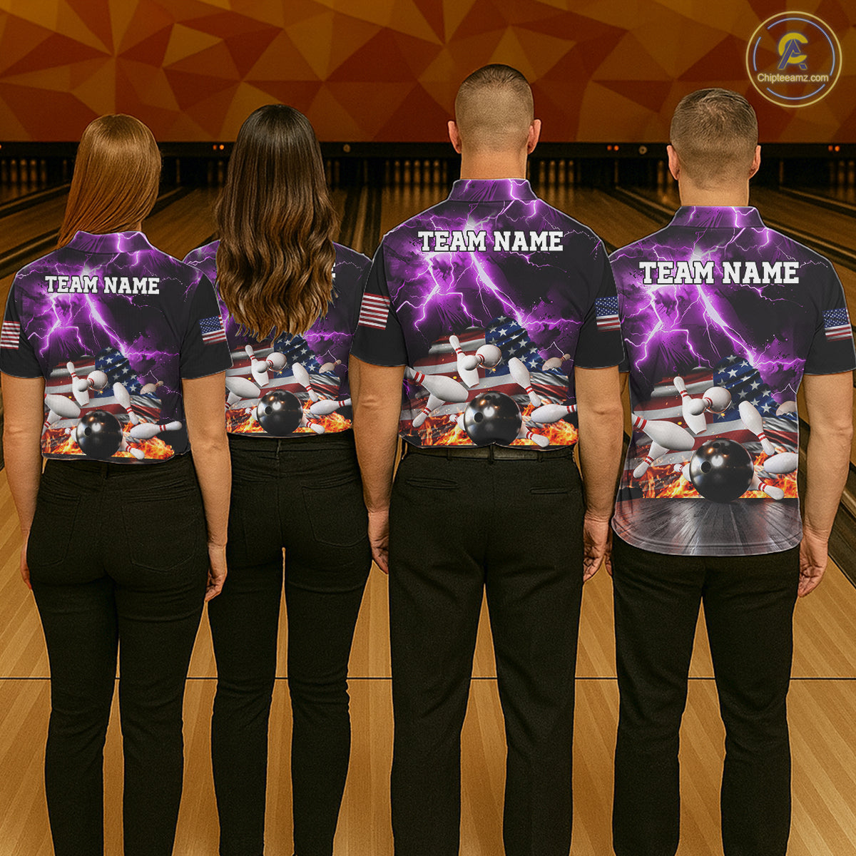 Bowling team wearing matching purple lightning thunder American flag jerseys back view.