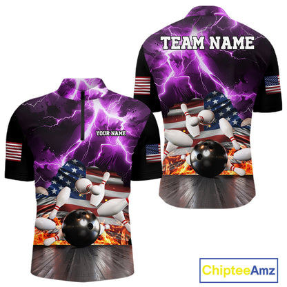 Purple lightning thunder American flag bowling quarter zip shirt for men, custom league team jersey.