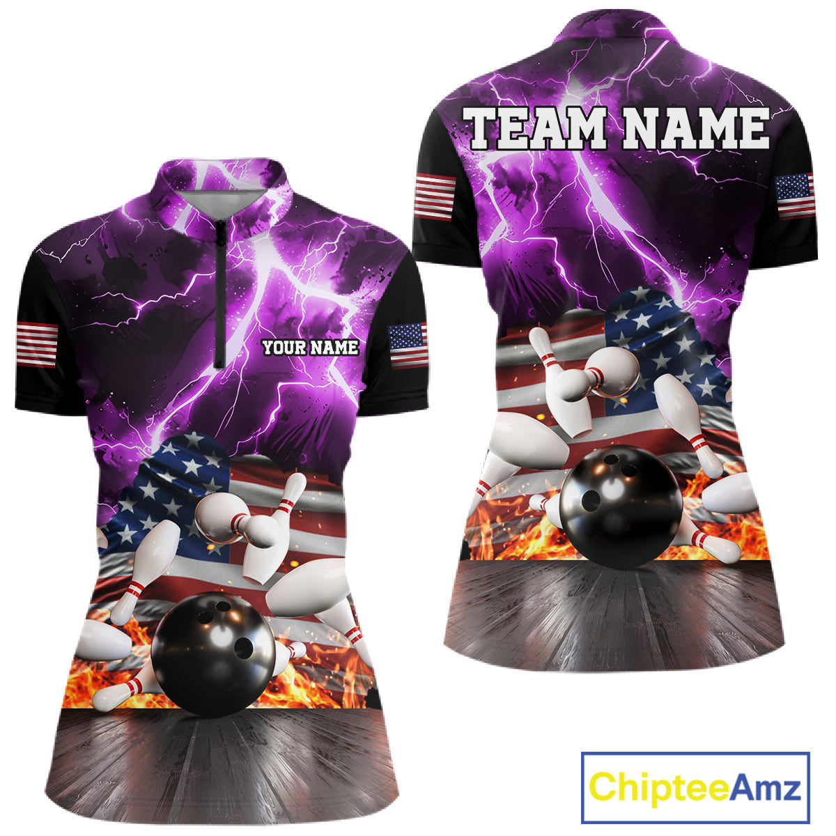 Purple lightning thunder American flag bowling quarter zip shirt for women, custom league team jersey.
