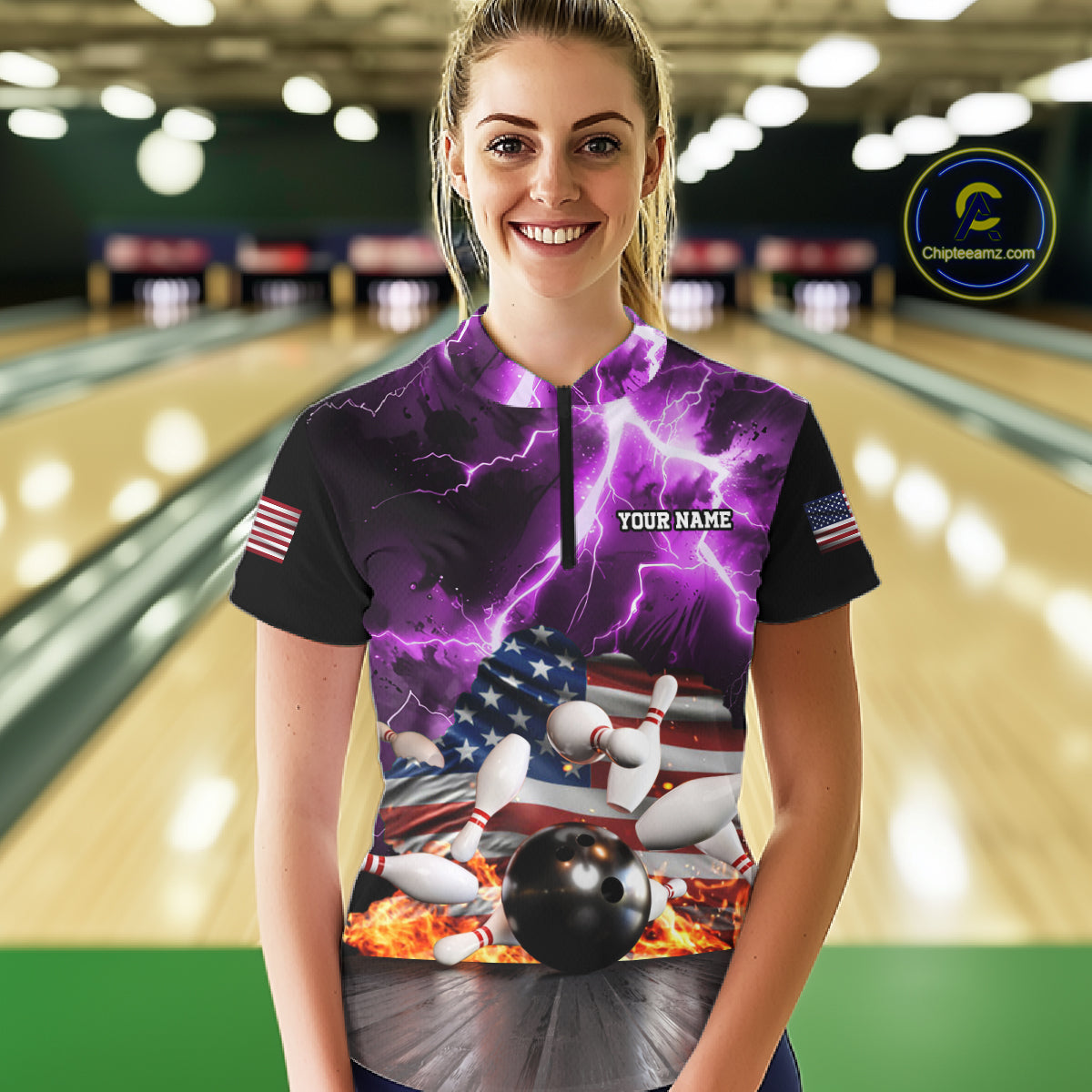 Woman wearing purple lightning thunder American flag bowling quarter zip shirt front view.