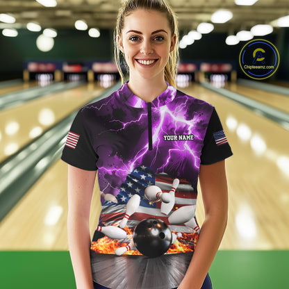 Woman wearing purple lightning thunder American flag bowling quarter zip shirt front view.