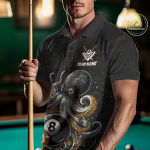 Load image into Gallery viewer, Man wearing a funny octopus 8 ball billiard jersey front view.