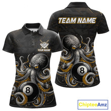 Load image into Gallery viewer, Funny octopus 9 ball custom billiard polo shirt for women with colorful ocean themed graphics.