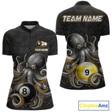 Load image into Gallery viewer, Funny octopus 8 ball and 9 ball quarter zip billiard shirt for women, custom pool team jersey.