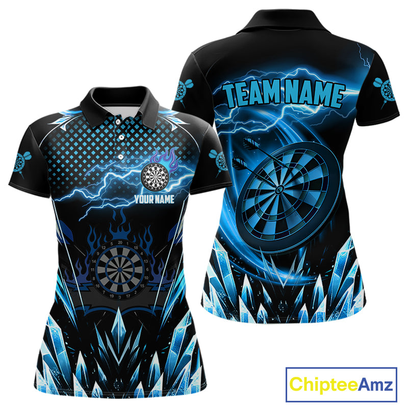 Personalized Blue Icy Lightning Darts Shirt For Women Custom Dart League Team Jersey Polo & 1/4 Zip TDM4465