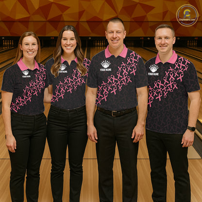 Bowling team wearing matching pink ribbon American flag bowling team jerseys, front view.