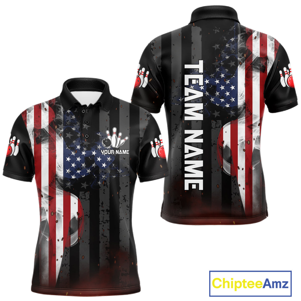 Personalized vintage smoke American flag bowling team jersey polo shirt for men featuring distressed USA flag and smoky vintage artwork, premium patriotic bowling league apparel.