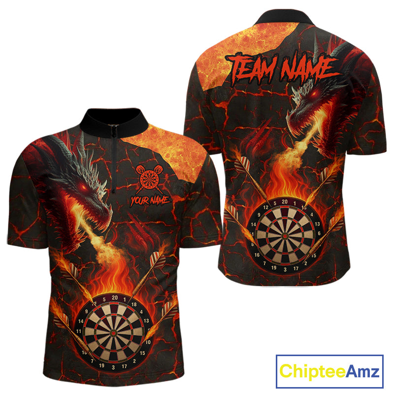 Personalized Fire Flame Dragon Darts Shirt For Men Custom Darts League Jersey Team Polo & 1/4 Zip TDM4902