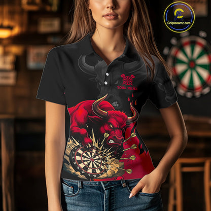 Black And Red Funny Bull Darts Shirt For Women Custom Dart Jersey Team Polo & 1/4 Zip TDM5124