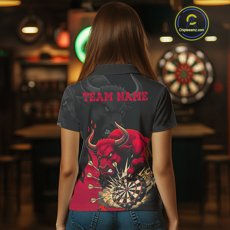 Black And Red Funny Bull Darts Shirt For Women Custom Dart Jersey Team Polo & 1/4 Zip TDM5124