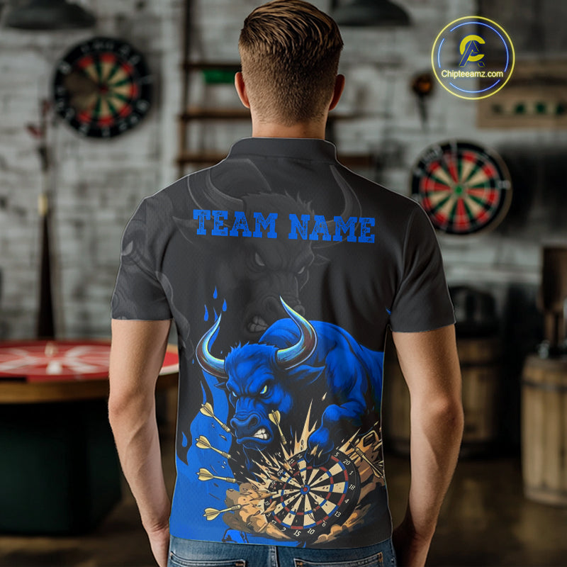 Black And Blue Funny Bull Darts Shirt For Men Custom Dart Jersey Team Polo & 1/4 Zip TDM5125