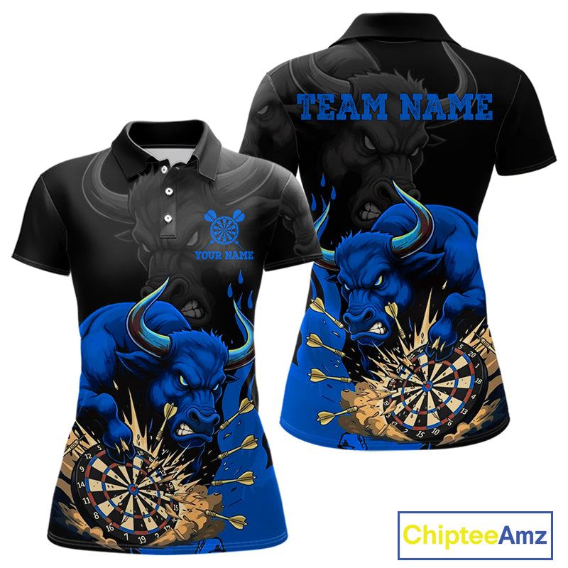 Black And Blue Funny Bull Darts Shirt For Women Custom Dart Jersey Team Polo & 1/4 Zip TDM5125