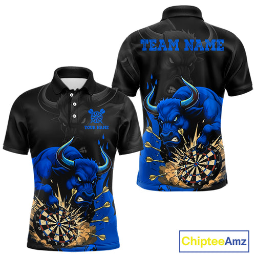 Black And Blue Funny Bull Darts Shirt For Men Custom Dart Jersey Team Polo & 1/4 Zip TDM5125