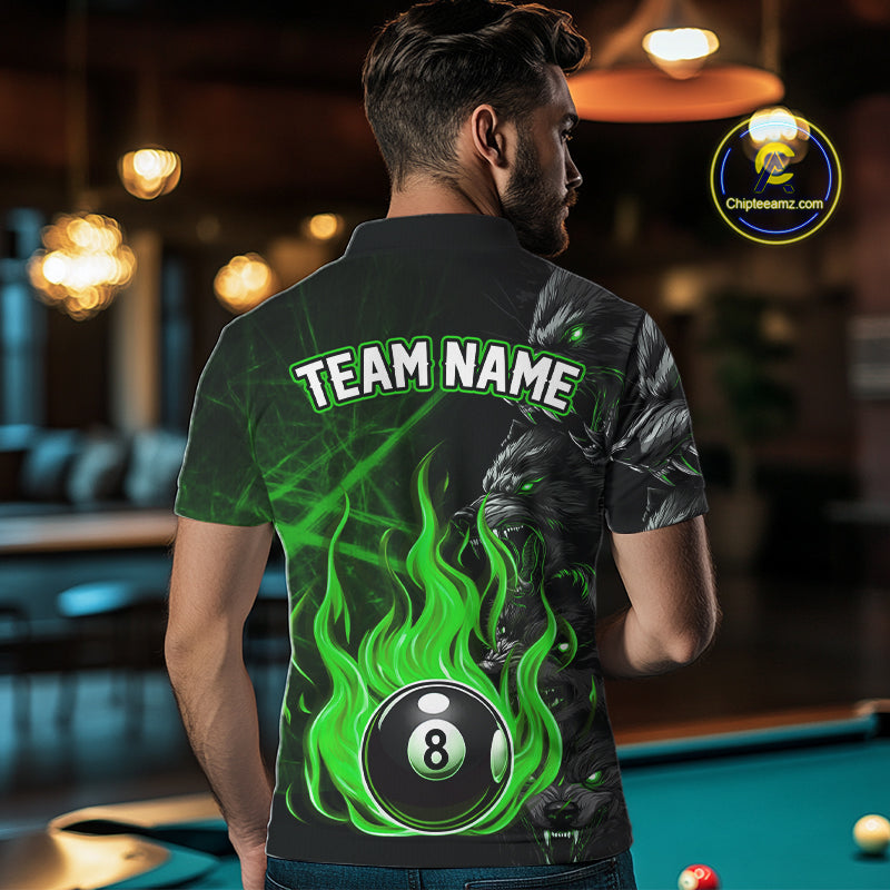 Personalized Wolf Flaming 8 Ball Pool Fire Men Billiard Shirts Team League Billiard Jerseys |Green TDM5596