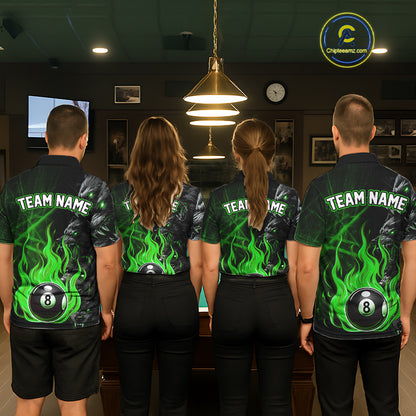 Personalized Wolf Flaming 8 Ball Pool Fire Men Billiard Shirts Team League Billiard Jerseys |Green TDM5596