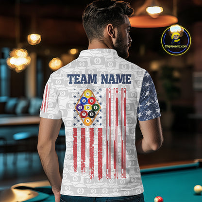 Grunge American Flag 9 Ball Billiard Shirt For Men Custom Patriotic Pool Team Jersey Polo, 1/4 Zip TDM5598