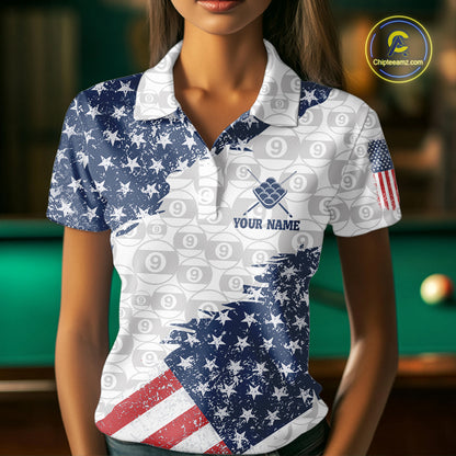 Grunge American Flag 9 Ball Billiard Shirt For Women Custom Patriotic Pool Team Jersey Polo, 1/4 Zip TDM5598