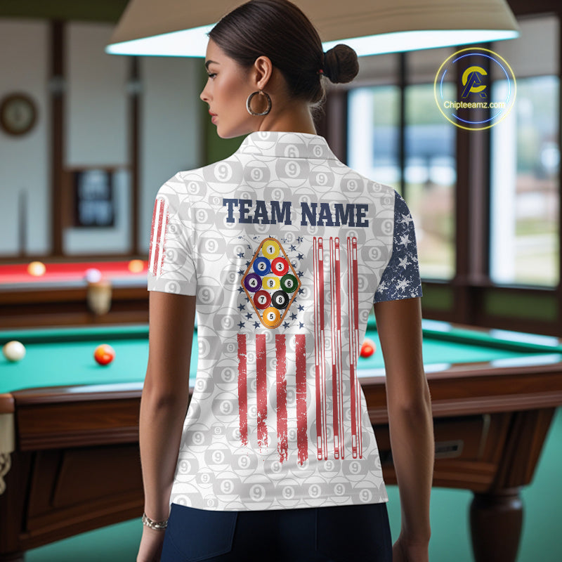 Grunge American Flag 9 Ball Billiard Shirt For Women Custom Patriotic Pool Team Jersey Polo, 1/4 Zip TDM5598
