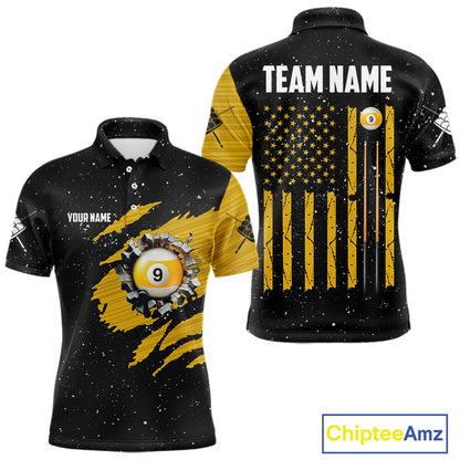 Yellow Black Grunge American Flag 9 Ball Men's Billiard Shirt Custom 9 Ball Pool Team Jersey TDM5599