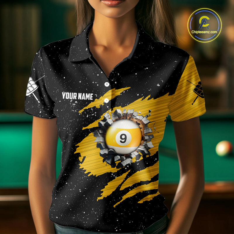 Yellow Black Grunge American Flag 9 Ball Women's Billiard Shirt Custom 9 Ball Pool Team Jersey TDM5599