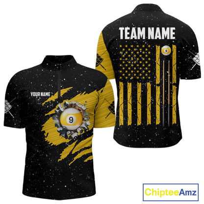 Yellow Black Grunge American Flag 9 Ball Men's Billiard Shirt Custom 9 Ball Pool Team Jersey TDM5599